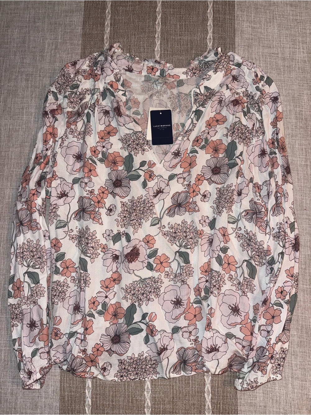 Lucky Brand White Floral V-Neck Long Sleeve Blouse with Pink & Green Print